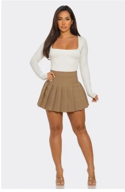 Khaki Brown Pleated Mini Skirt