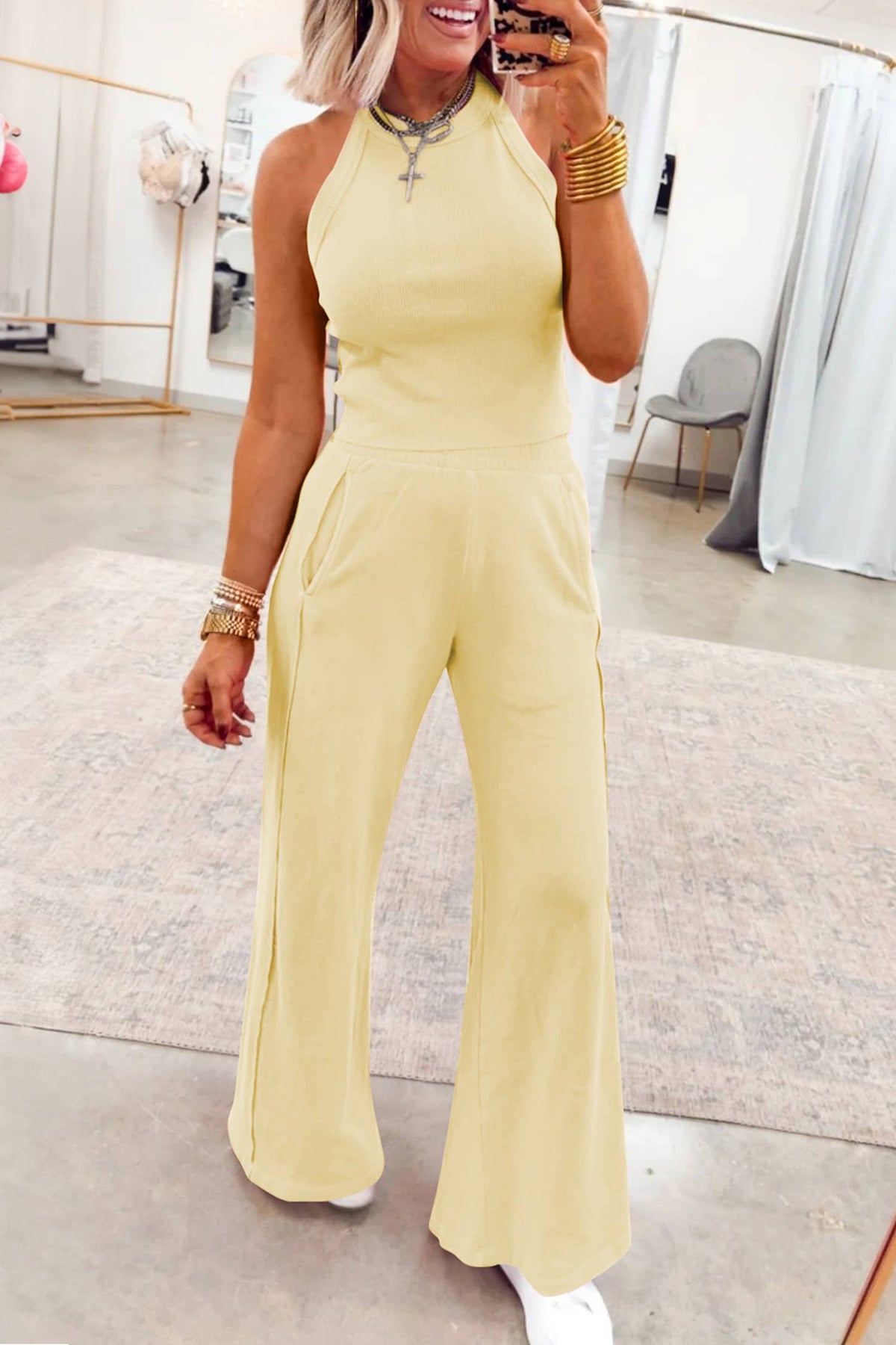 Slim Ribbed Tank Top and Sweatpants Set (S-XL)